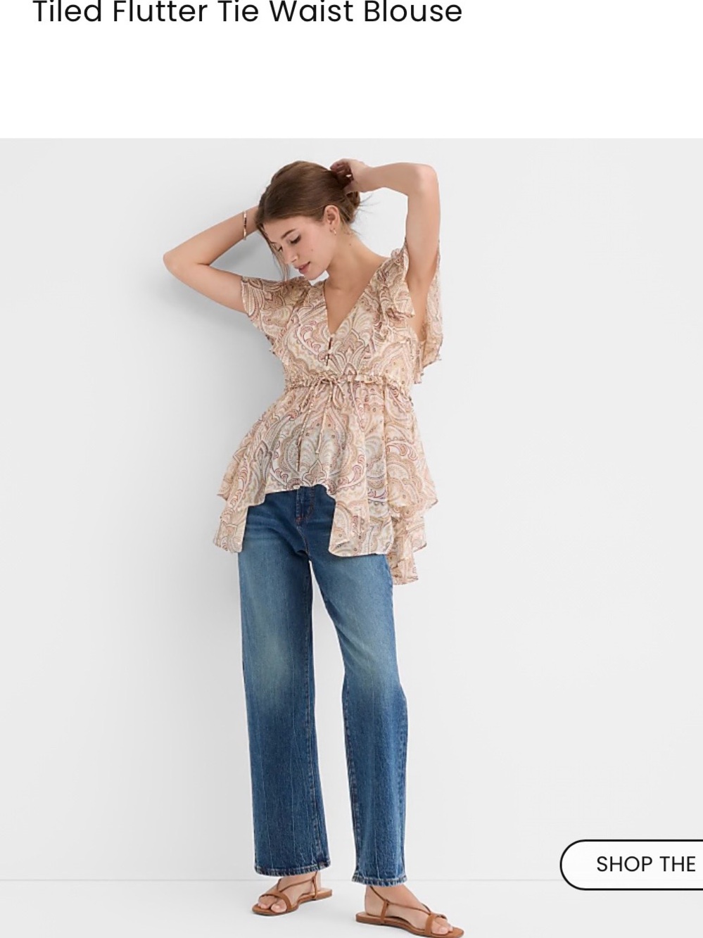 Flutter Tie-Waist Blouse in Pale Cream/pink/ burgundy Paisley